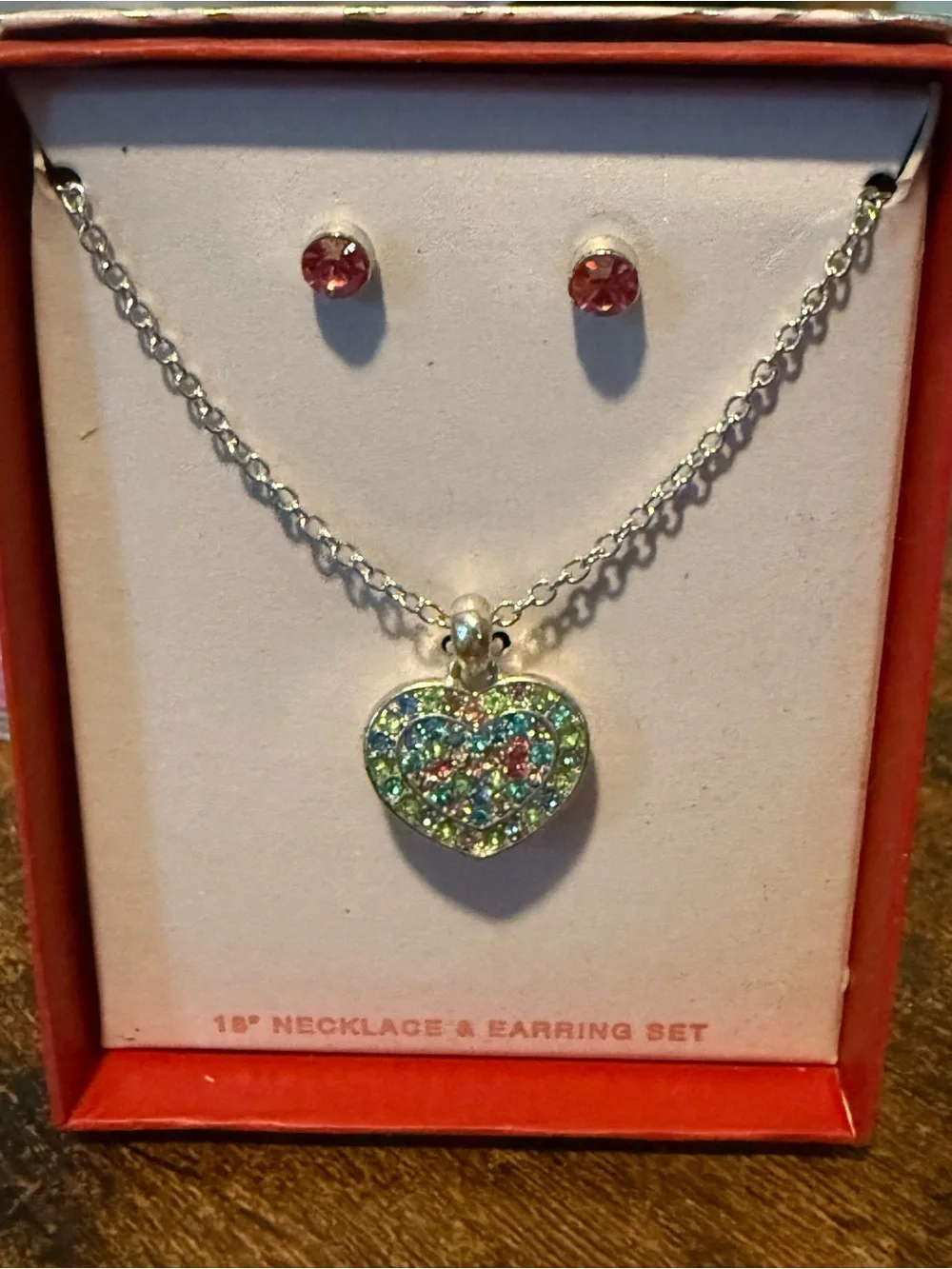 Heart Pendant Necklace and Stud Earring Set - Pink and Iridescent